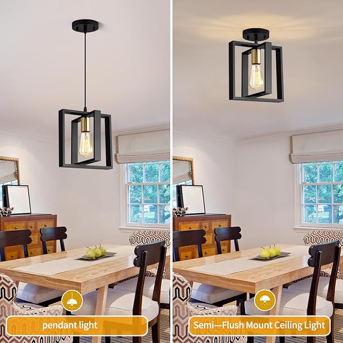 Farmhouse Small Pendant Light Fixture,Kitchen Island Hanging Lamp with Cord, Black+Gold Finish, Wood Frame Chandelier for Hallway Entryway Closet Bedroom,9.5 Inch,E26.