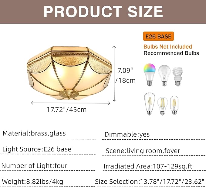 MIXL-Gold Flush Mount Ceiling Light,Antique Brass Hallway Lighitng Fixture,Unique 4-Bulbs Vintage Light Fixture,Mid Century Modern Ceiling Lamp for Study Room Office