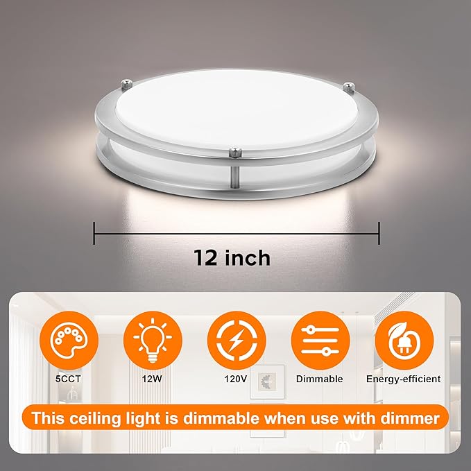 12 Inch Round Brushed Nickel Ceiling Light Fixture - Flush Mount LED Kitchen Ceiling Lamp 2700K/3000K/3500K/4000K/5000K Adjustable Brushed Nickel Bathroom LED Light for Bedroom