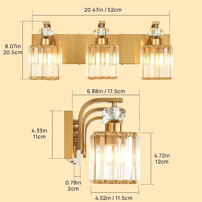 Modern Bathroom Vanity Light, 3-Light Gold Bathroom Lighting Fixtures Over Mirror, 20.5" Crystal Wall Light Sconce for Bathroom/Bedroom/Vanity, Includes LED Bulbs, Easy Installation
