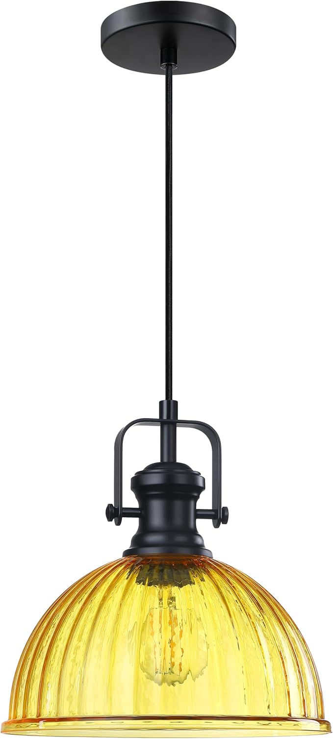 Leading Lighting 1 Light Pendant Light Hanging Modern Farmhouse Indoor Fixture 10" Yellow Textured Glass Black Finish Dinning Over Sink Kitchen Island
