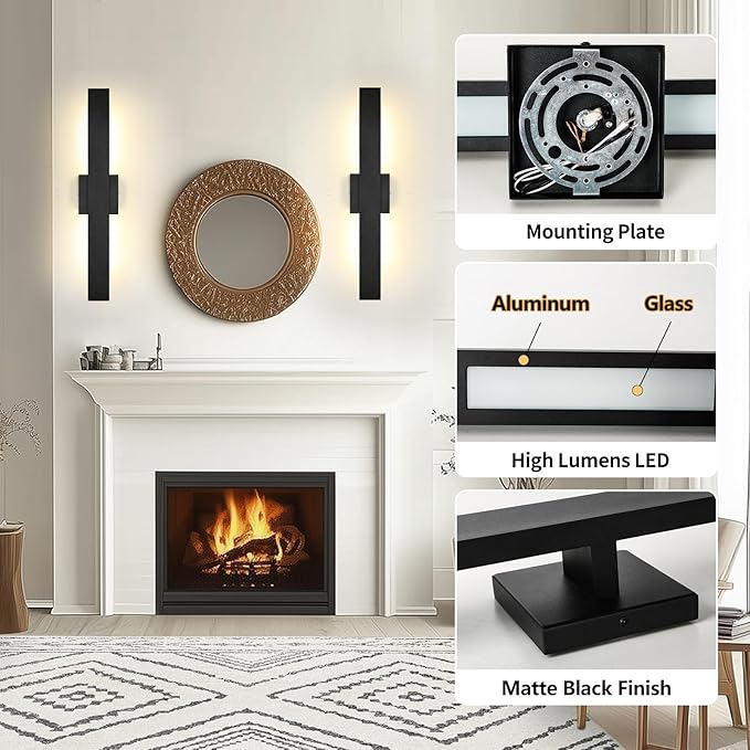 Aluminum Modern LED Wall sconces, 24.4 inch Matte Black Waterproof Wall Lights with 28W LED Light Source for Indoor, Outdoor, Living Room, Bedroom, Garage, Porch, Hallway