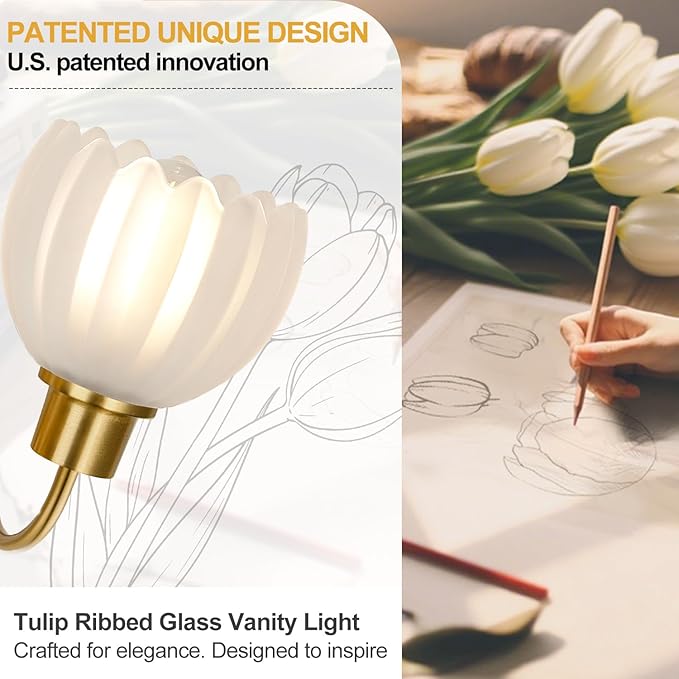 4-Light Bathroom Light Fixtures, 27" Brushed Gold Vanity Lights for Bathroom with Ribbed Frosted Clear Tulip Glass Shade, Vintage Bathroom Vanity Lighting Fixtures Over Mirror for Living Room Hallway
