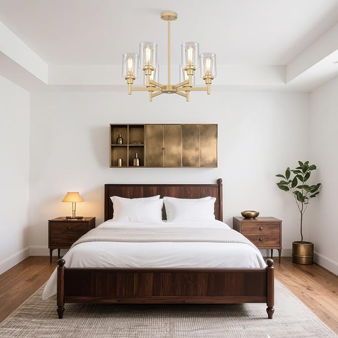 6 Light Gold Chandelier, Farmhouse Chandeliers for Dining Room Light Fixtures Over Table, Hanging Lighting Fixture with Clear Glass Shade for Kitchen Island Living Room Bedroom