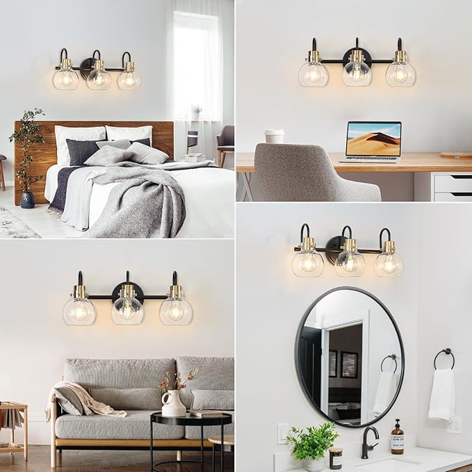 3 Lights Bathroom Light, Black Gold Vanity Light Fixture, Wall Sconces with Globe Clear Glass Shade, Farmhouse Wall Mount Lamp for Mirror, Kitchen, Porch, Living Room, Workshop