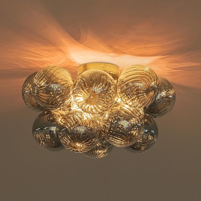 GoYeel Bubble Ceiling Light Fixture 18.5"-Glass Light Fixtures Ceiling Mount Modern Gold Chandelier Dining Room with 13 Swirled Smoke Grey Globe for Kitchen Bathroom Entryway Bedroom