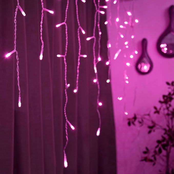 YOLIGHT Icicle Chrismtas Lights 13ft 96 LED Icicle String Lights Curtain Fairy Light, Indoor Room Patio Garden Bedroom Halloween Christmas Wedding Valentine's Day Decoration (Pink)