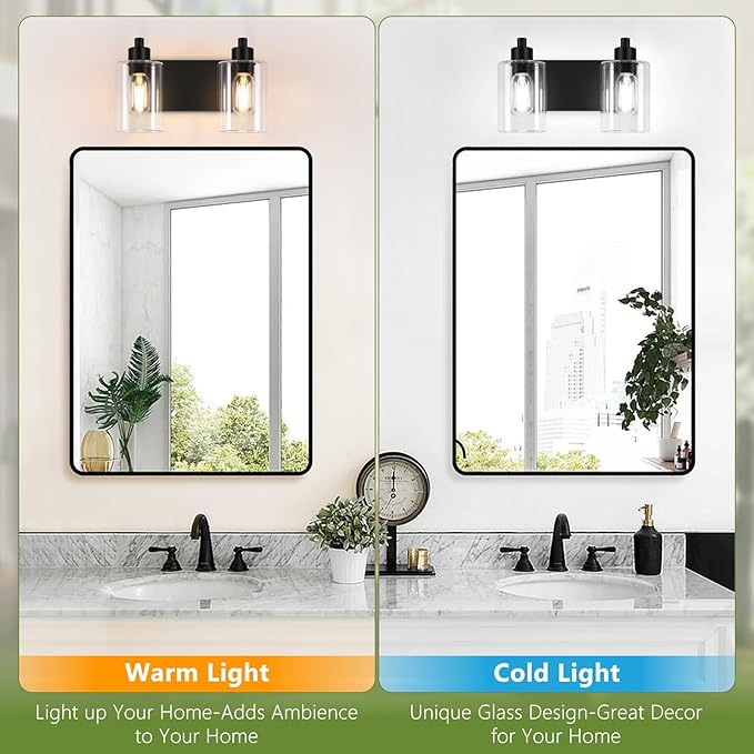Dpyrrhic Matte Black 2-Light Bathroom Lights Over Mirror with Clear Glass Shade, Modern Bathroom Light Fixtures for Kitchen Living Room Bedroom Laundry Room