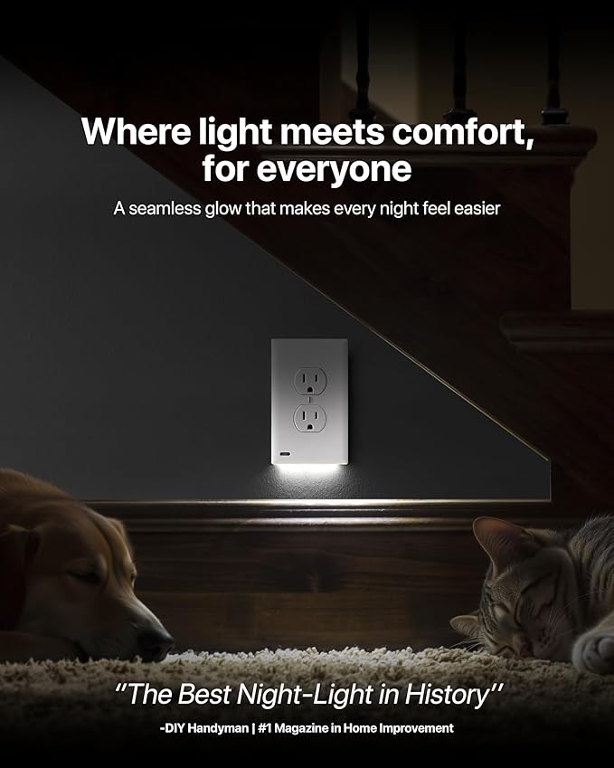 Single - SnapPower GuideLight [for Standard Decor, Not GFCI outlets] - Night Light - Electrical Outlet Wall Plate with LED Night Lights - Automatic On/Off Sensor - (Décor, White)
