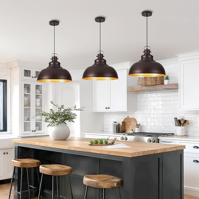 Refice 16 Inch Farmhouse Pendant Lights Kitchen Island Oil Rubbed Bronze Pendant Lighting Industrial Dome Island Pendant Lights, Adjustable Height, Hanging Lights, Dining Room, Barn