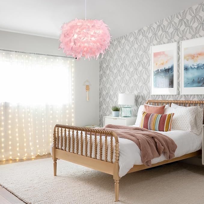 NZV 15.8in Pink Pendant Light Fixture Pink Feather Chandelier for Bedroom Feathers Lights Fixture Girls Room Romantic Hanging Ceiling Lighting for Kitchen Island Dining Room Foyer Hallway