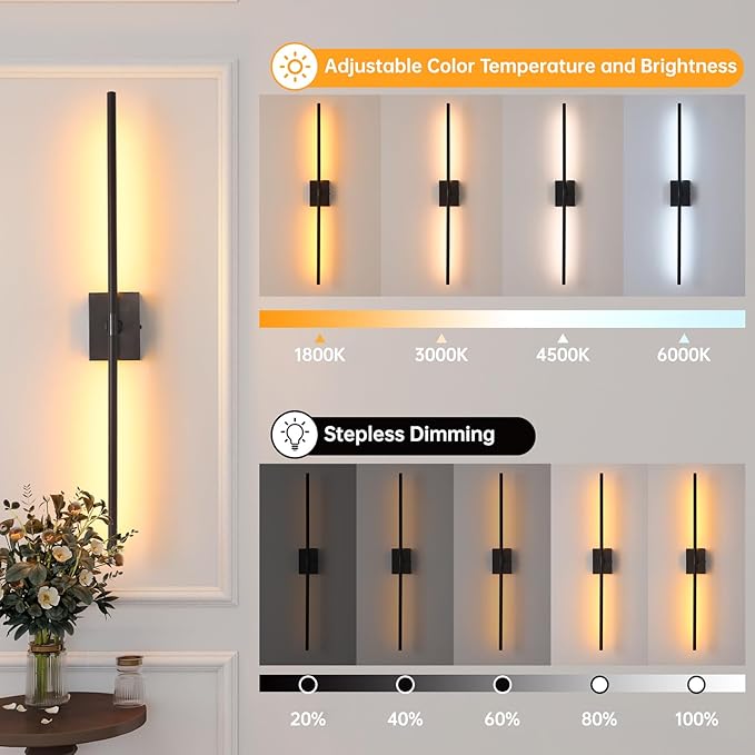 Shenmoyl Battery Operated Wall Sconce Set of 2, 5000mAh Rechargeable Wall Sconces with Detachable Battery, Indoor 350°Rotate Wall Lights for Bedroom Living Room, Black, 31.5 Inch