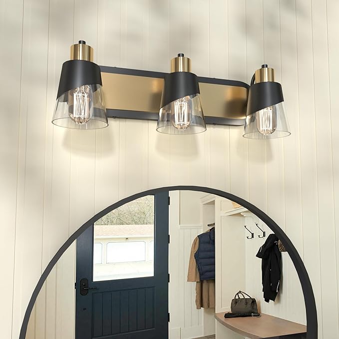 URSOLA Bathroom Vanity Light, 3 Lights Bathroom Light Fixtures, 19.7 inch Bathroom Light Fixtures Over Mirror Black and Gold, with Bevelled Edge and Clear Glass Shade Wall Lamp
