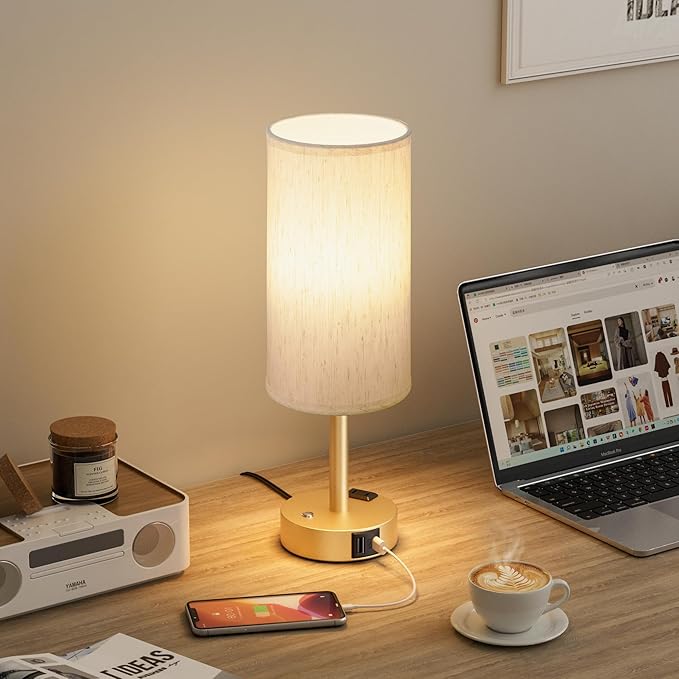 Touch Bedside Table Lamp with Memory - Stepless Dimmable Lamp for Bedroom, Small Nightstand Lamp with Dual USB Charging Ports and AC Outlet, Wood Night Light, Deak Lamp for Nursery (Cream & Gold)