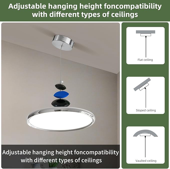 Mikeru Modern Pendant Lights, 23.6" Chrome Pendant Lighting Fixture with Remote Control Dimmable 3 Color Mode & Brightness Mid Century Island Light Fixture for Dining Room,Kitchen,Living Room