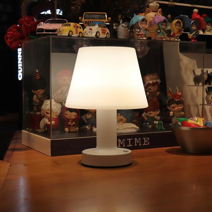 HAPYGI Small Mushroom Table Lamp, Cordless Night Light with 2600mAh Rechargeable Battery, Stepless Dimming Desk Lamp with 3 Colors for Bedroom/Patio/Living Room (White-2)