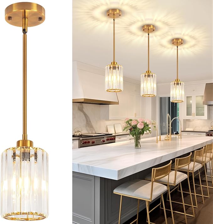 3 Pack Brushed Gold Pendant Lights Kitchen Island, Modern Crystal Kitchen Pendant Lighting Over Island Dining Room Light Fixtures Adjustable Hanging Pendant Light for Bathroom Hallway Foyer Bedroom