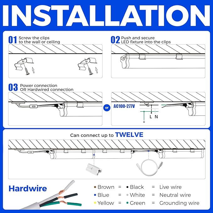 Barrina T5 LED Shop Light 2FT, 1100lm, 10W, 6500K (Super Bright White), Utility Garage Lighting, Linkable Ceiling and Under Cabinet Light, Corded Electric with ON/Off Switch, 2 Packs