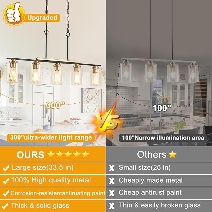 34" Dining Room Light Fixture/Chandelier Over Table, 5-Light Black and Gold Kitchen Island Lighting with Clear Glass Shade, Modern Hanging Pendant Lights Fixture for Kitchen Island Dining Room