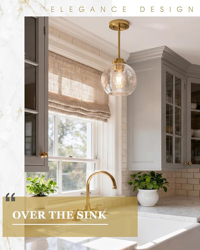Pendant Lights Kitchen Island, 7" Modern Brushed Gold Hanging Lights Fixtures with Clear Seeded Glass Globe Shade, Kitchen Island Lighting for Bathroom, AD-22280-1P-GD-S