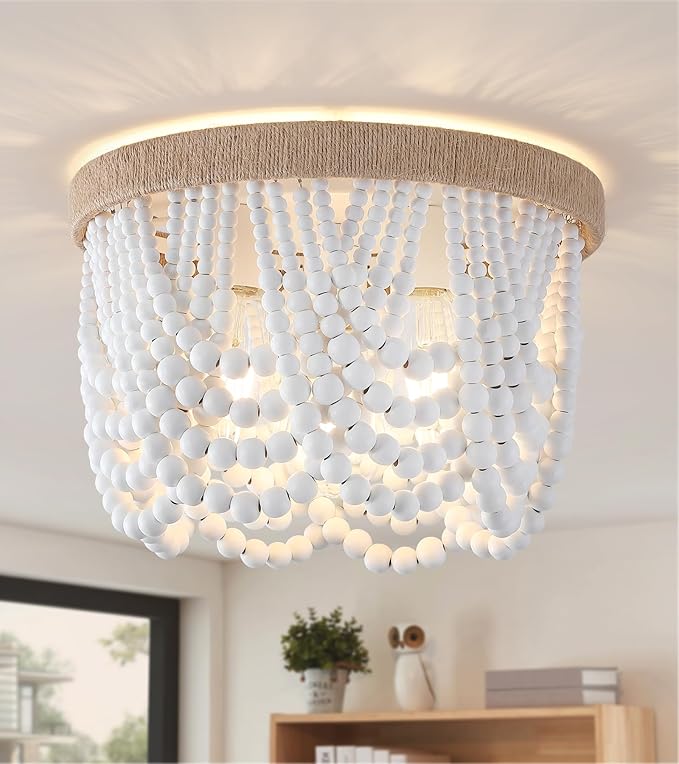 AMZASA White Boho Wood Beaded with Hemp Rope Flush Mount Ceiling Light Farmhouse Small Chandelier Light Fixture for Bedroom Hallway Entryway Closet Kitchen Dining Room Living Room Nursery
