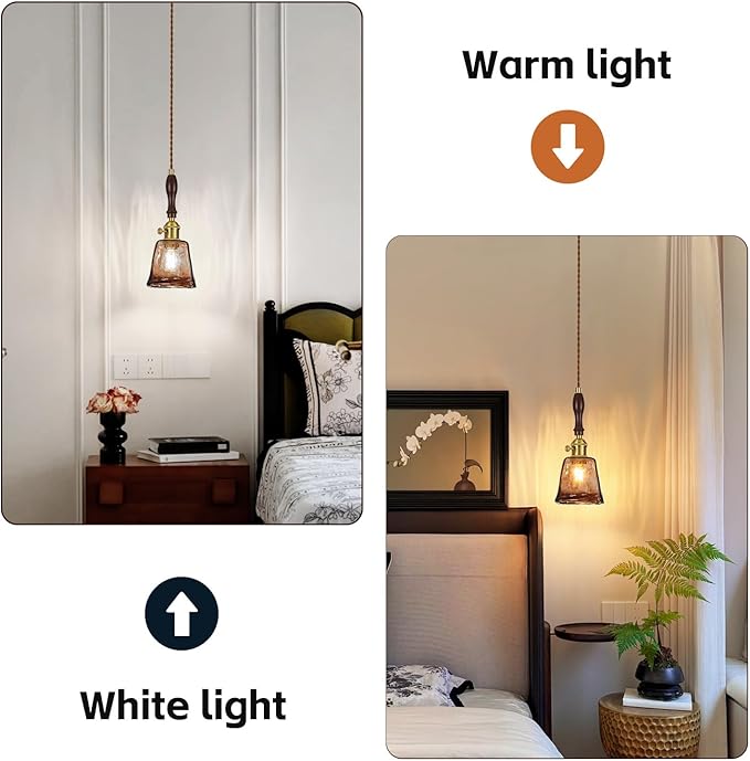 Amber Glass Vintage Pendant Light Height Adjustable Handmade Glass Pendant Lights Kitchen Island Gold Hanging Light Fixture with Wood Handle for Bedroom Dining Room Hotel (1 Pack)