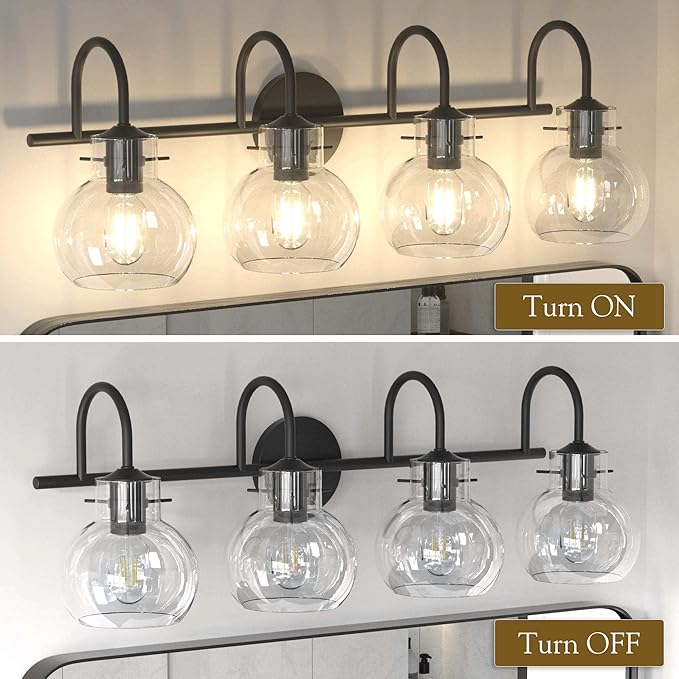 Matte Black Bathroom Vanity Light Fixtures, 4 Light Vanity Lighting Fixtures with Clear Glass Shade, E26 Base, UL Certification (Exclude Bulb)
