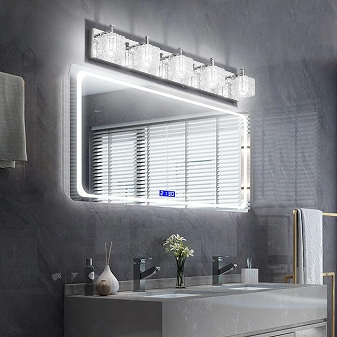 Ralbay Chrome Bathroom Vanity Light Fixtures 5 Lights Modern LED Chrome Vanity Light Over Mirror Modern Crystal Vanity Lights