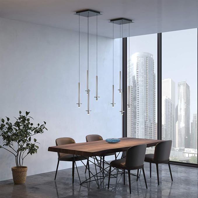 Draco 4 Pendant Lighting Nickel – LED Hanging Light Fixture for Kitchen Island, Bar, Foyer – Equilateral Cluster of Mini Metal Rod Pipe Tube Cylinders – Dimmable, Adjustable Wire, Lamp Bulb Included