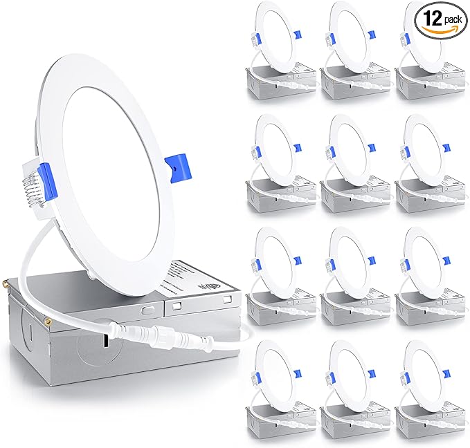Ensenior 12 Pack 4 Inch LED Recessed Light, Dimmable, 6000K Clear White, 750LM High Brightness, 9W 120V, 2 Pin, ERL-9X-ETL, Damp Rated, Ultra-Thin Canless Wafer Ceiling Light - ETL & FCC & IC