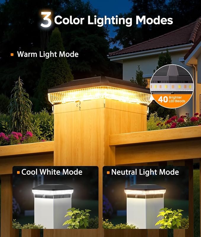 6 Pack Solar Post Cap Lights Outdoor with 3 Modes, 40 LEDs 4x4 Fence Post Solar Lights Outdoor Waterproof, 30 Lumens Fence Deck Post Lights Solar Powered for 4x4 3.5x3.5 Vinyl Wooden Post