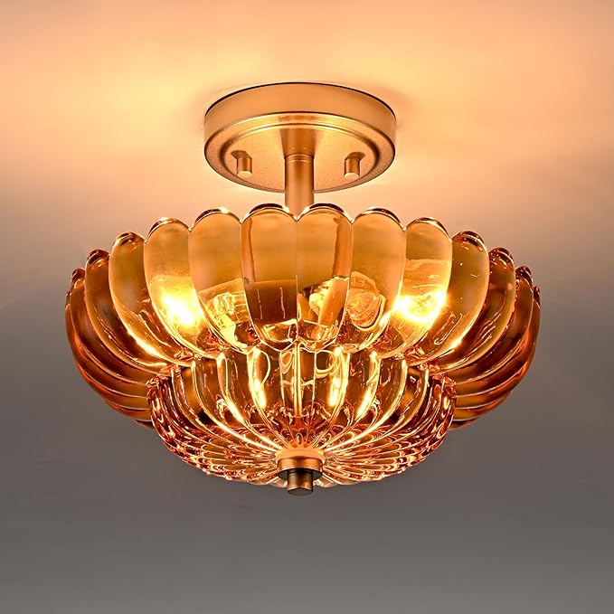 Semi Flush Mount Ceiling Light Fixture, Amber Glass 3-Light Modern Vintage Ceiling Lights, Scalloped Close to Ceiling Light, Gold Base Flush Mount Ceiling Light for Hallway Bedroom Entryway Kitchen