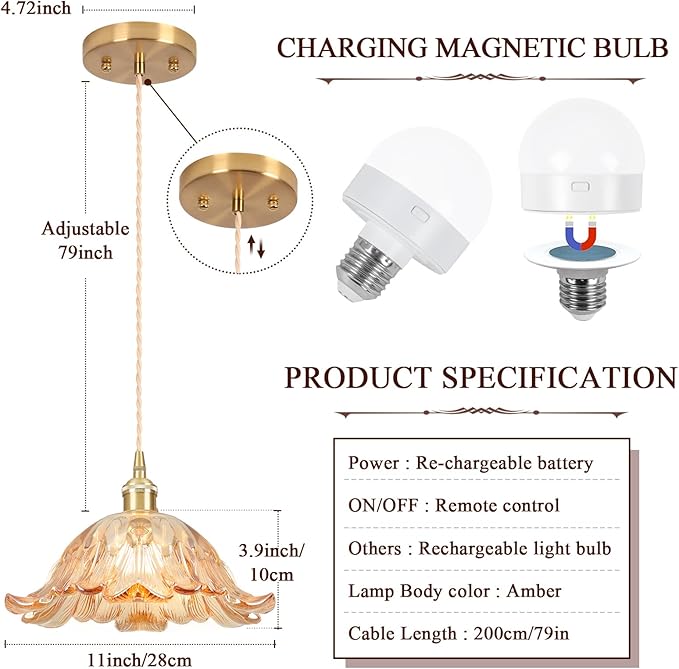 Battery Operated Pendant Light,Amber Chandelier RGB Light Bulb 2500mAh 11in Vintage Light Fixtures with Remote Control Wireless Adjustable Rechargeable Chandelier for Kitchen Island Hallway 1Light