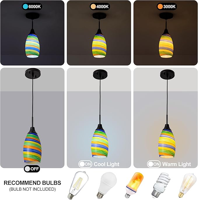 Viinew Mini Glass Pendant Light,4.72" Rainbow Hanging Lights 1-Pack Handblown Oval Rainbow Art Glass Hanging Pendant Light for Kitchen Island,Dining Room,Living,Foyer,Hallway, Entry