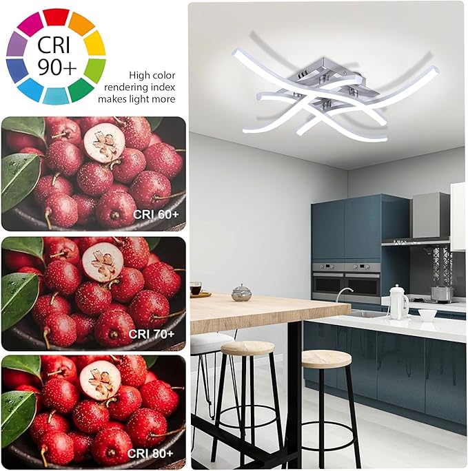 27.5 Inch Modern LED Ceiling Light Fixture, 24W Curved Wave Ceiling Lamp for Bedroom, Kitchen, Hallway, Foyer Library Dining Room Silver Modern Ceiling Light Fixture