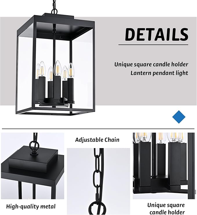 MELUCEE 16'' Large Outdoor Pendant Light Fixture, 6-Light Outdoor Chandelier for Porch Black Lantern Pendant Lights with Clear Glass Exterior Ceiling Lights Hanging for Porch Patio Gazebo Entrance