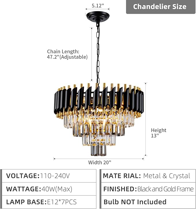 7-Light Modern Crystal Chandelier 20" Dining Room Light Fixtures 4 Tiers Flush Mount Smoke Grey and Gold Chandelier Round Chandeliers for Dining Room Living Room Kitchen Entryway Foyer