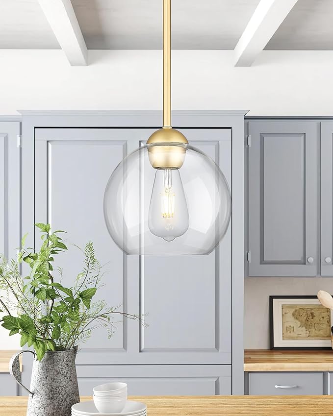 Emak 2 Pack Gold Pendant Light Fixtures, 8 Inch Globe Pendant Lights Kitchen Island with Clear Glass, Modern 1 Light Pendant Lighting for Kitchen, Bedroom, Bathroom, PL121-GD-2PK