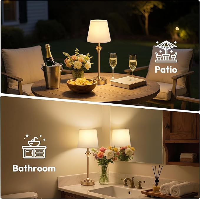 NIORSUN 10.2" Portables Cordless Table Lamp, Battery Operated Lamp,Small Bedside Table Lamp with Warm White,3 Way Dimmable Touch Desk Lamp for Living Room Restaurant Bedroom (Gold)