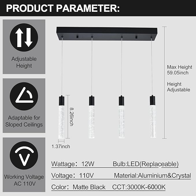 4-Light Matte Black Integrated Crystal Pendant Chandelier,Dimmable LED Ceiling Light with Adjustable Height for Kitchen Island, Dining Room & Bedroom 3000K -6000K