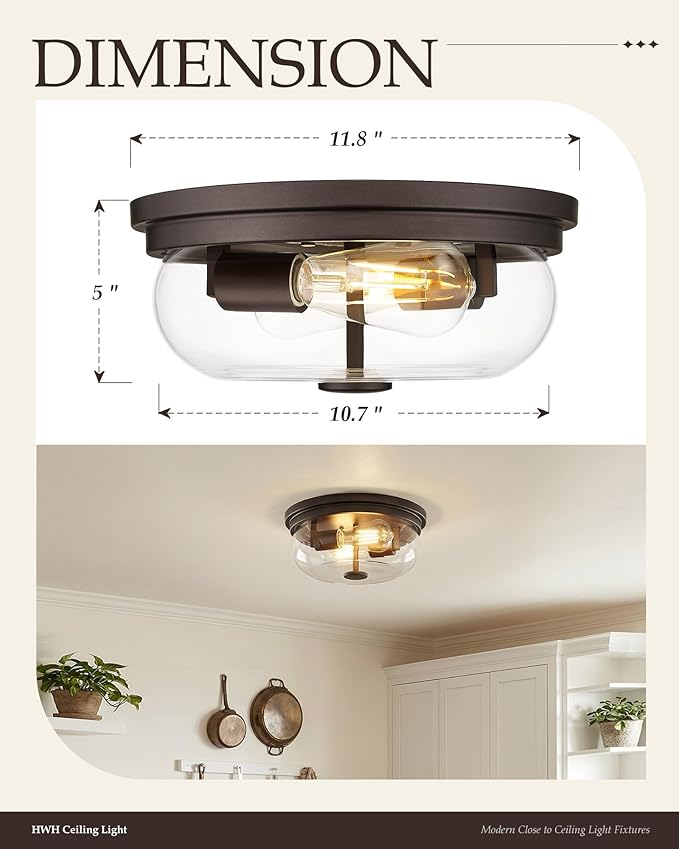 HWH INVESTMENT 2-Light Flush Mount Ceiling Light, Rustic Ceiling Light Fixture for Closet Hallway Entryway, 12 Inch Flush Mount Ceiling Light with Clear Glass, Oil-Rubbed Bronze Finish, 5HJX109F ORB