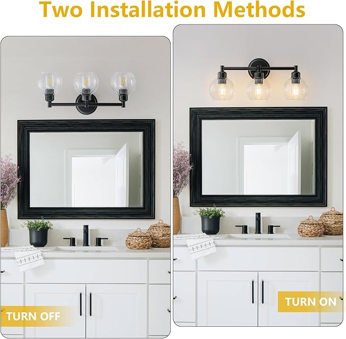 Modern Black Bathroom Vanity Lights,3-Light Matte Black Bathroom Light Fixture with Clear Glass Globe Shades, Adjustable Brightness Vanity Lighting fixtures for Kitchen,Bedroom,Hallway