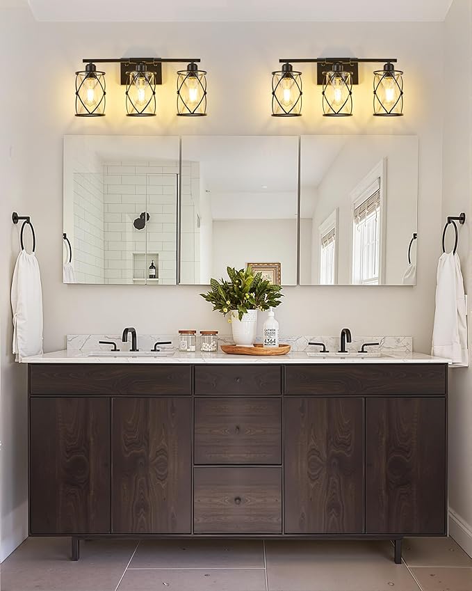 3-Light Black Bathroom Light Fixtures, 21 Inch Modern Bathroom Vanity Lighting Fixtures Over Mirror with Clear Glass and Metal Cage Wall Sconce Lights for Bath, E26, CH9176BK-3W
