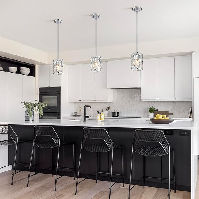 3-Pack Crystal Pendant Light, Modern Chrome Finish Hanging Lighting with Clear Crystal, Adjustable Height Mini Island Light Fixture for Kitchen, Dining Room and Living Room