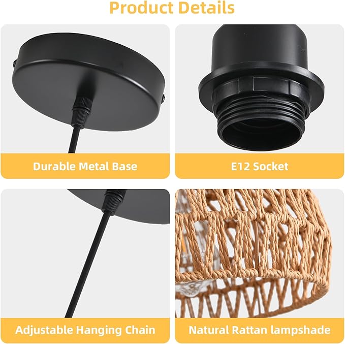 Rattan Pendant Light, Boho Dome Dining Room Chandelier, Brown Woven Kitchen Pendant Lighting over Island, Coastal Wicker Light Pendant Hanging Light Fixture for Nursery Entryway Bedroom, E26 Base
