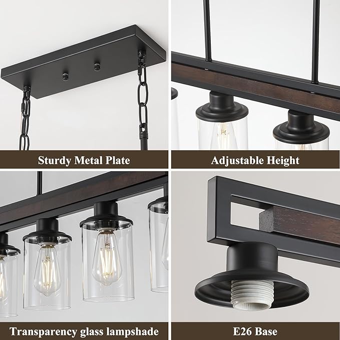 Farmhouse Dining Room Light Fixture, 4-Light Wood Kitchen Island Lighting for Dining Room Over Table, Black Adjustable Pendant Light with Clear Glass Shades, Linear Chandeliers Lighting for Kitchen