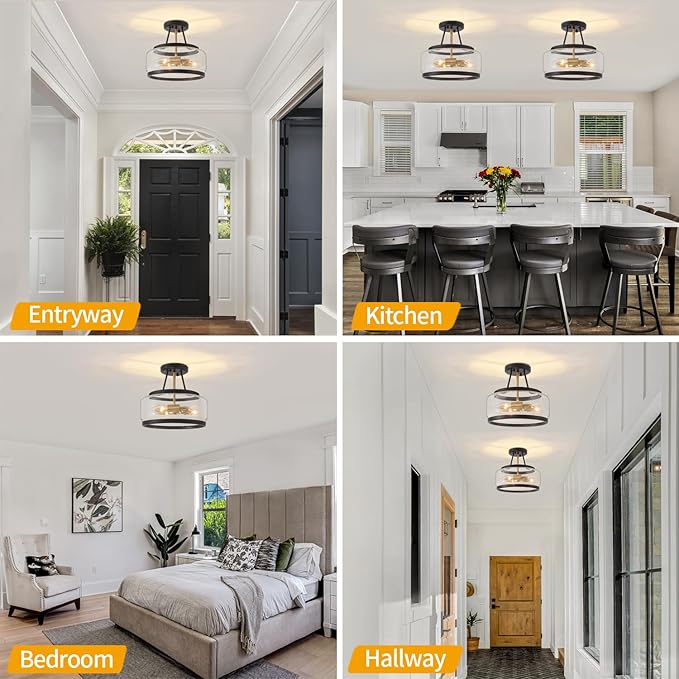 11.81" Black and Brushed Gold Close to Ceiling Light Fixtures, 3-Light Modern Drum Light Fixture, Hallway Ceiling Light, Glass Ceiling Lamp for Entryway Bedroom Laundry Room Dining Room Kitchen Lights
