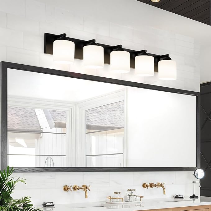 mirrea 38-Inch 5-Light Black Vanity Lights for Bathroom, Vanity Lighting Fixtures with Etched White Glass Shades
