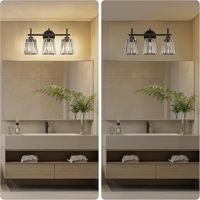 Crystal Bathroom Light Fixtures Over Mirror, Black 3-Light Bathroom Vanity Lights Over Mirror Modern Wall Lighting Sconces with Ceramic E26 Base (Bulbs Not Include)