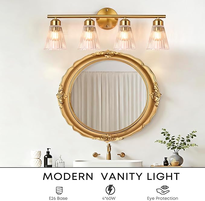 4-Light Bathroom Vanity Light, Brushed Gold Bathroom Light Fixtures Over Mirror with Stripe Glass, Modern Wall Lamp, Wall Sconces Lighting for Living Room Bedroom Kitchen Hallway